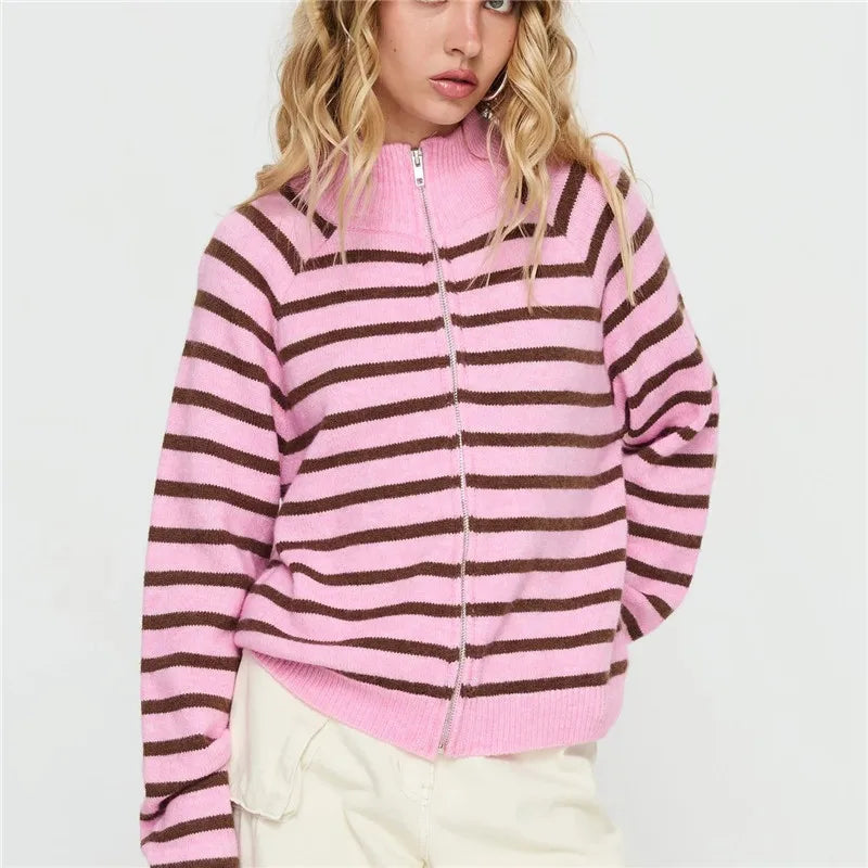 Cozy Striped Zip Up Cardigan With High Neck Knit
