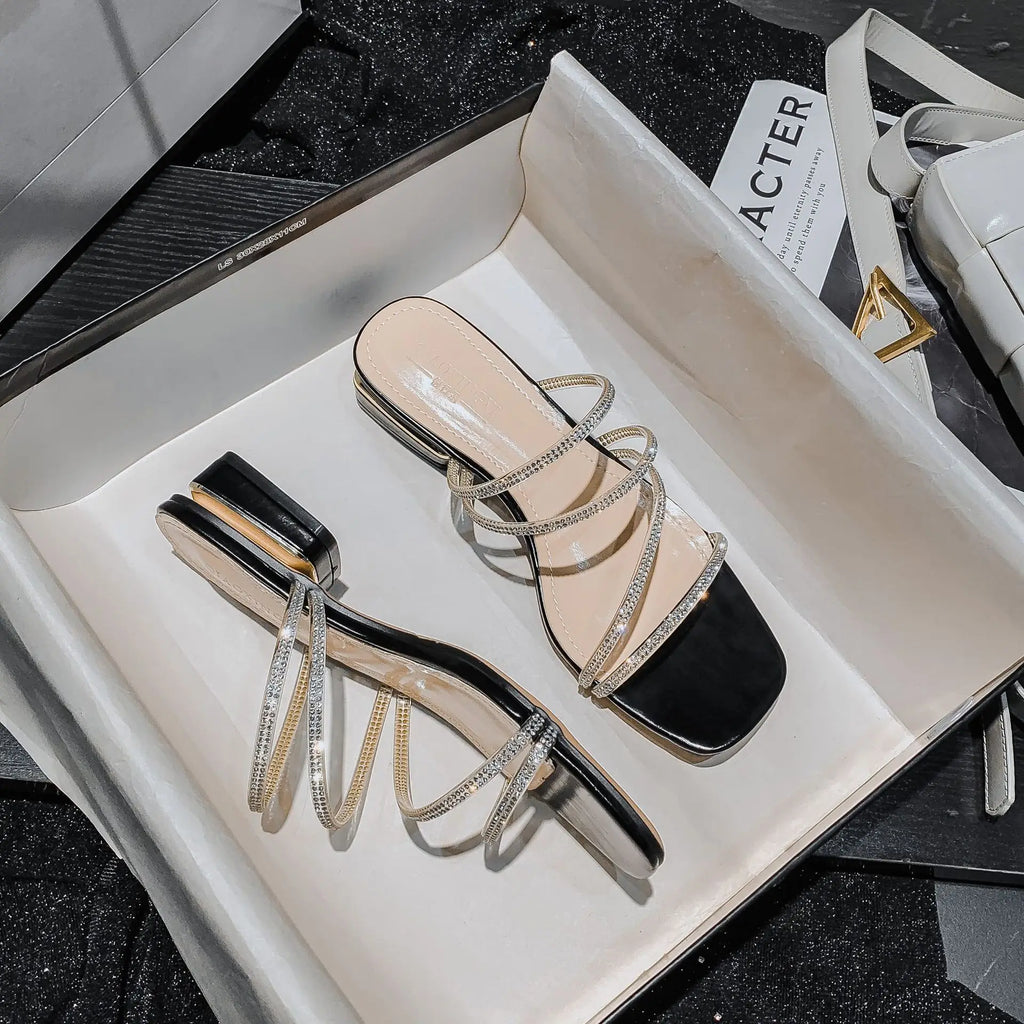 Crystal Rhinestone Clear Strap Sandals With Low Heel