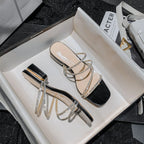 Crystal Rhinestone Clear Strap Sandals With Low Heel