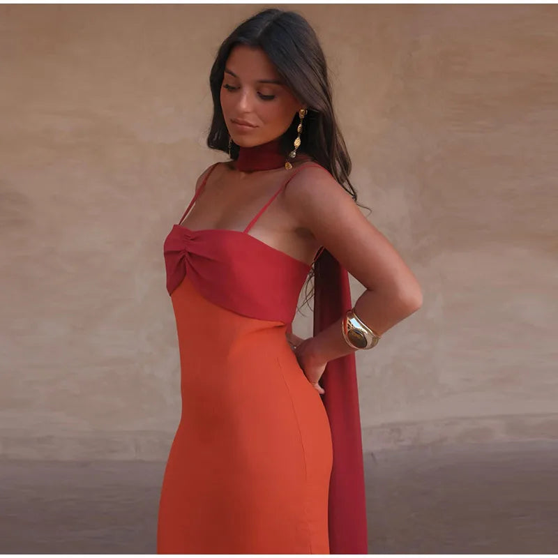 Orange Color Blocking Scarf Collar Maxi Dress For Lady Sleek Cinched Waist Bodycon Silhouette