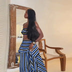 Bohemian Blue Striped Two-piece Set Strapless Ruffled Crop Top Tiered Maxi Skirt