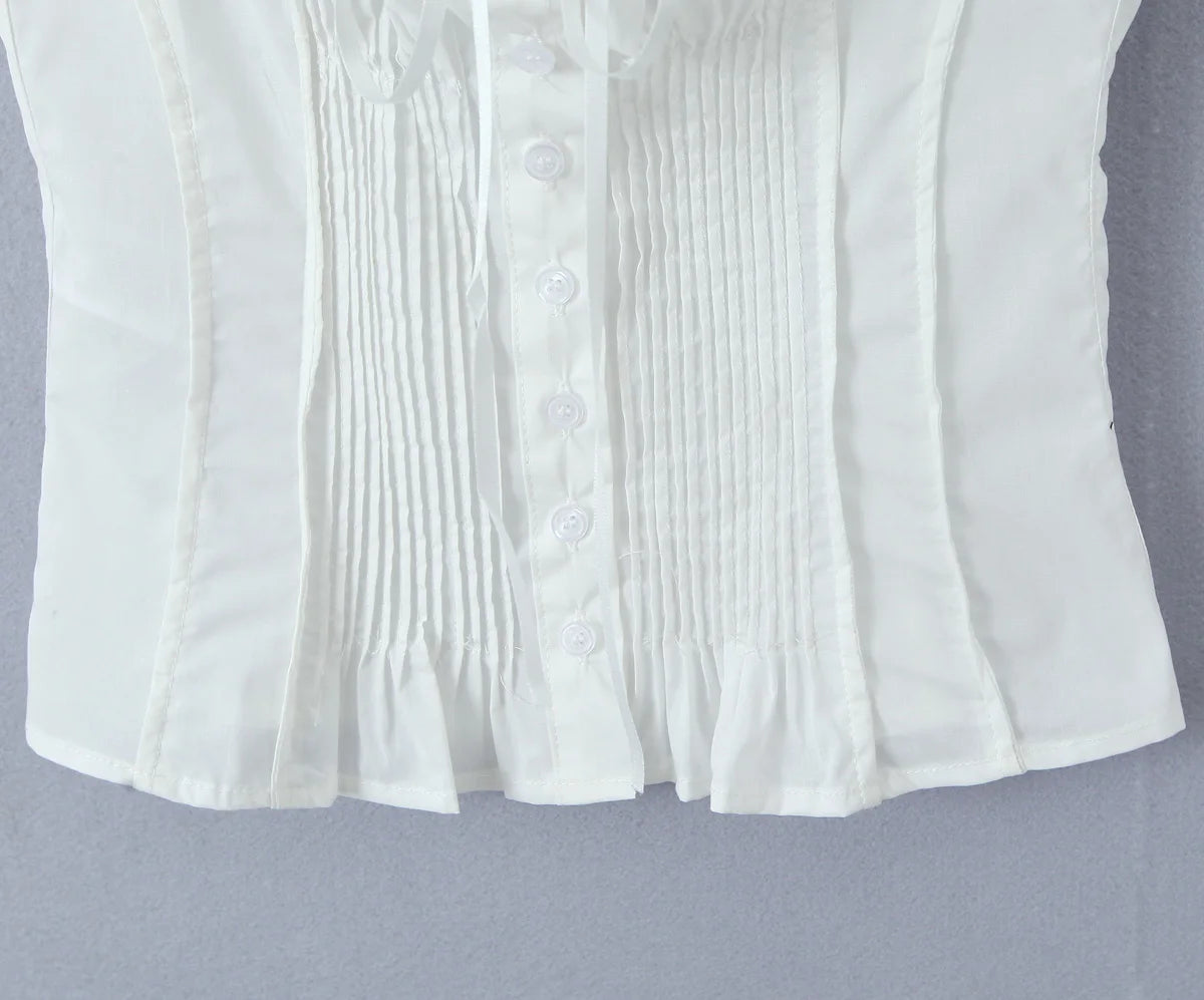 White Lace Trim Crop Top With Ribbon Bow Collar