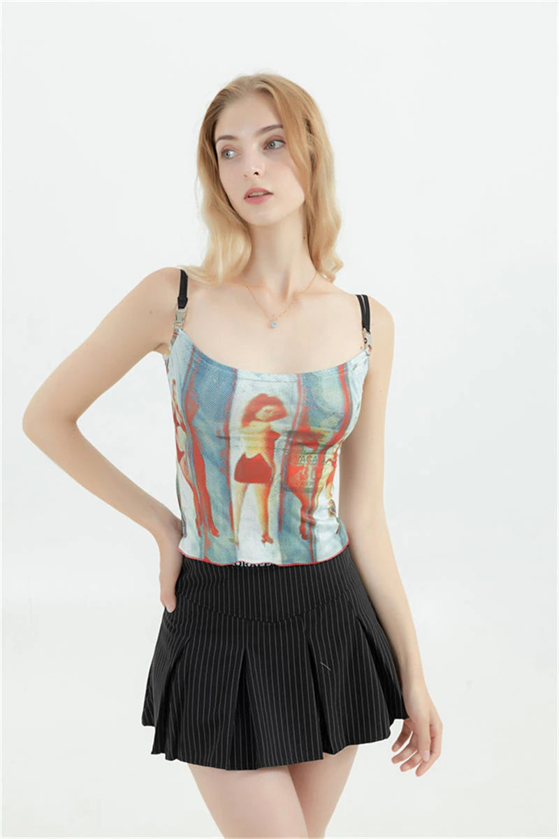 Flirty Vintage Graphic Spaghetti Strap Cami Top With Off Shoulder Flair