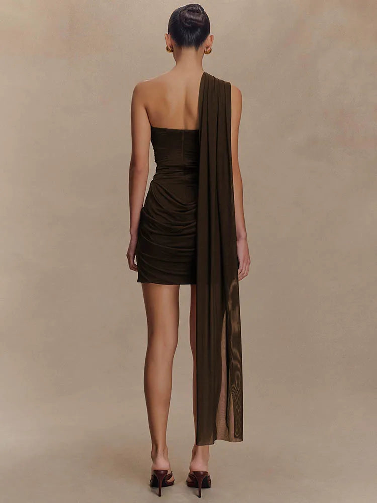 One Shoulder Backless Mini Dress With Draped Ruched Silhouette