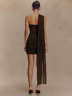 One Shoulder Backless Mini Dress With Draped Ruched Silhouette