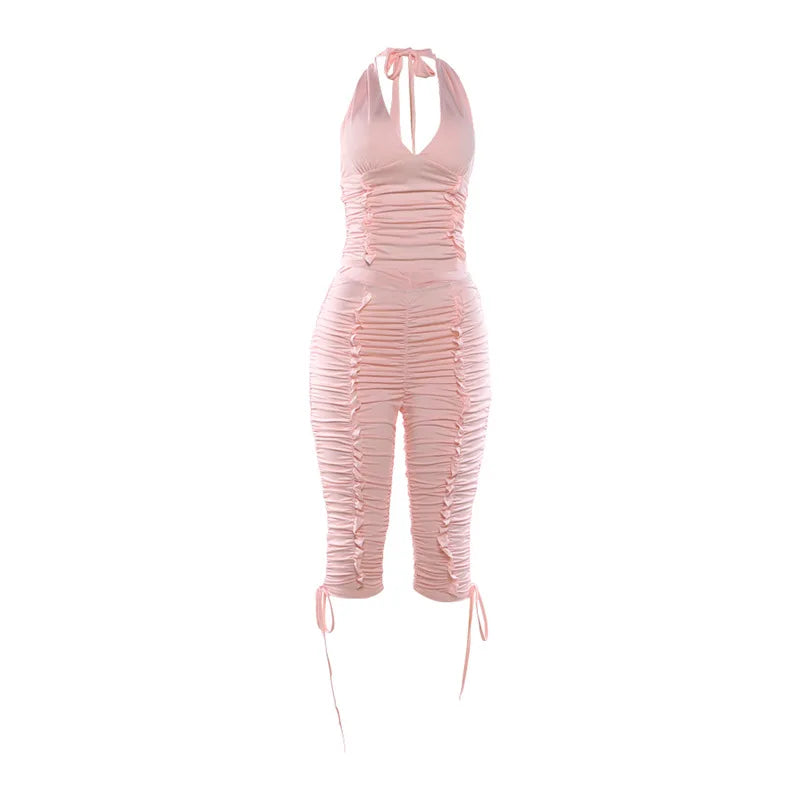 V Neck Halter Crop Top Two Piece Set With Sleek Fitted Pants
