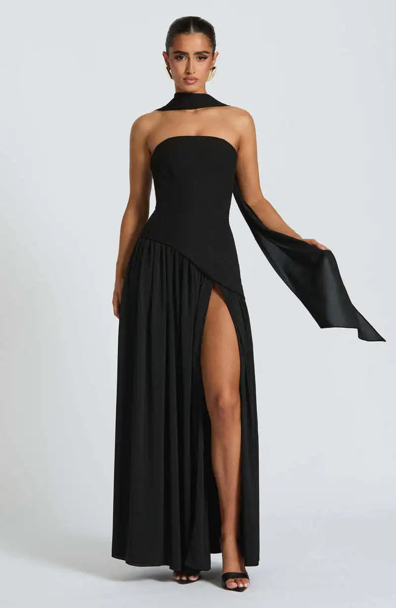 Elegant Off-Shoulder Evening Gown With Patchwork Pleats And Scarf Neck High Split Long Dress