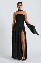 Elegant Off-Shoulder Evening Gown With Patchwork Pleats And Scarf Neck High Split Long Dress