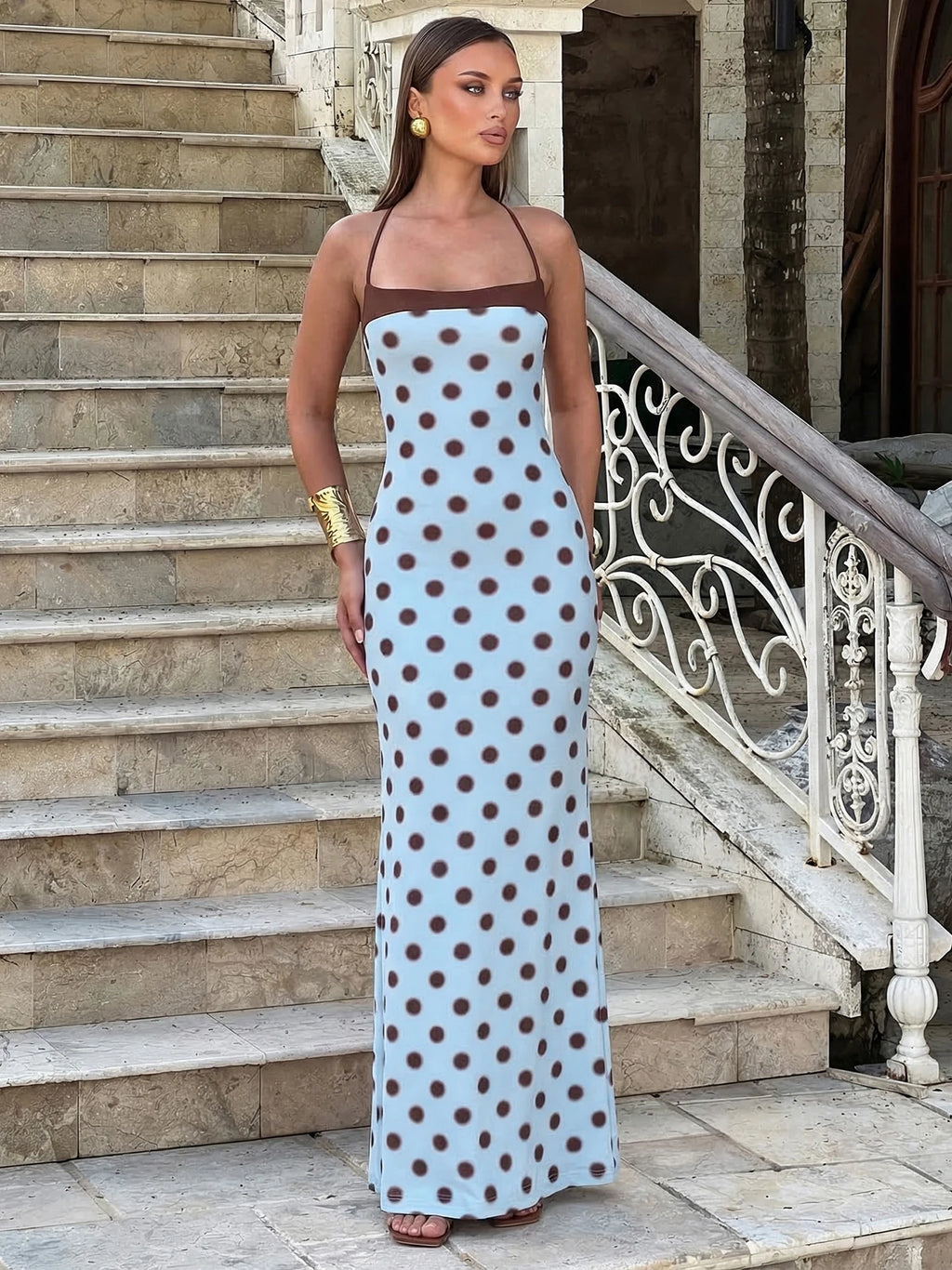 Blue Polka Dot Halter Maxi Dress For Women Color Block Backless Lace Up