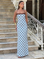Blue Polka Dot Halter Maxi Dress For Women Color Block Backless Lace Up