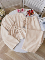Striped Lace Up Two Piece Set V Neck Top And Elastic Waist Pants