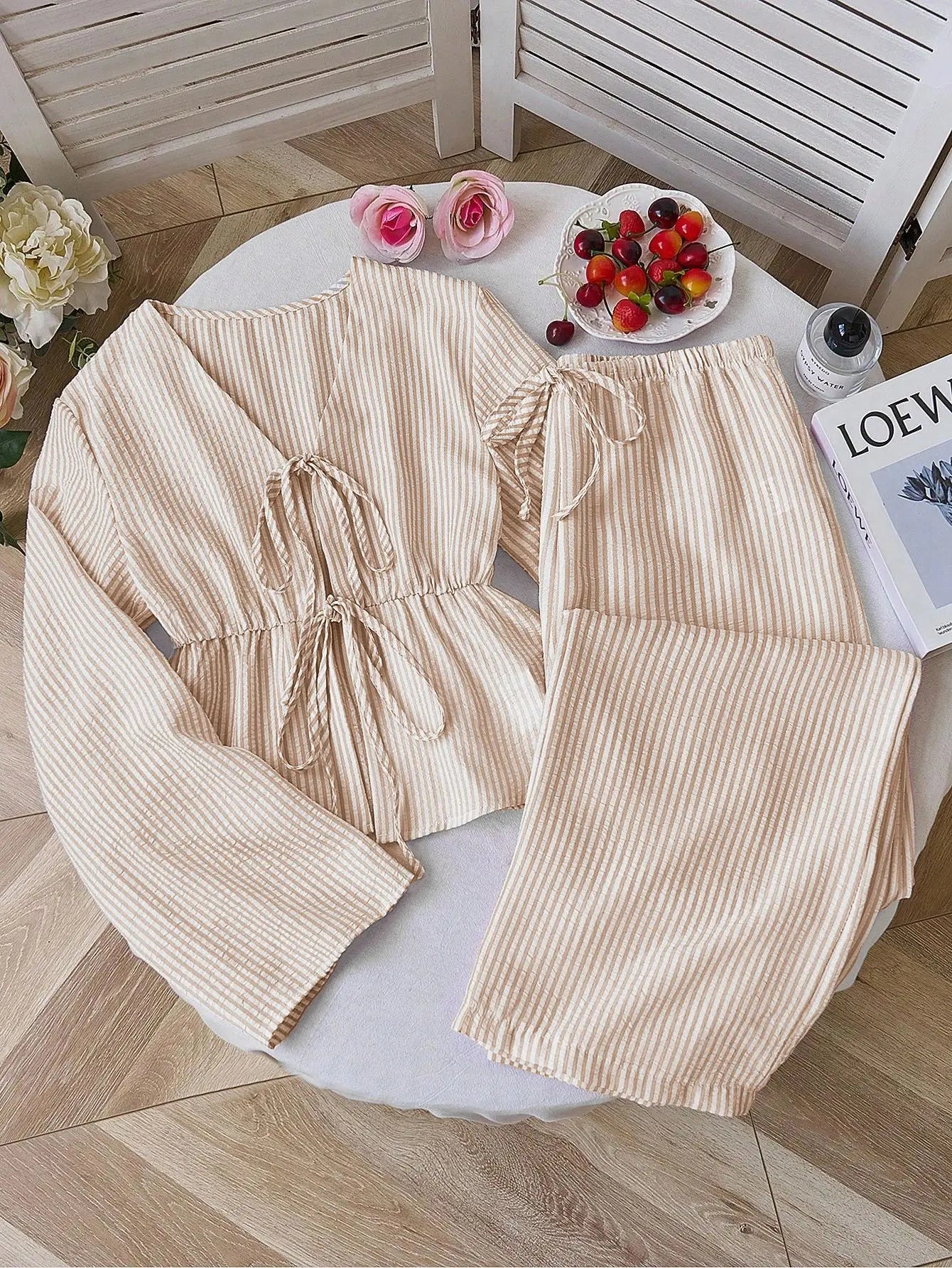 Striped Lace Up Two Piece Set V Neck Top And Elastic Waist Pants