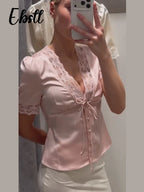 Lace Splicing Female Chic Bow Lace-up V Neck Short Sleeve Shirt