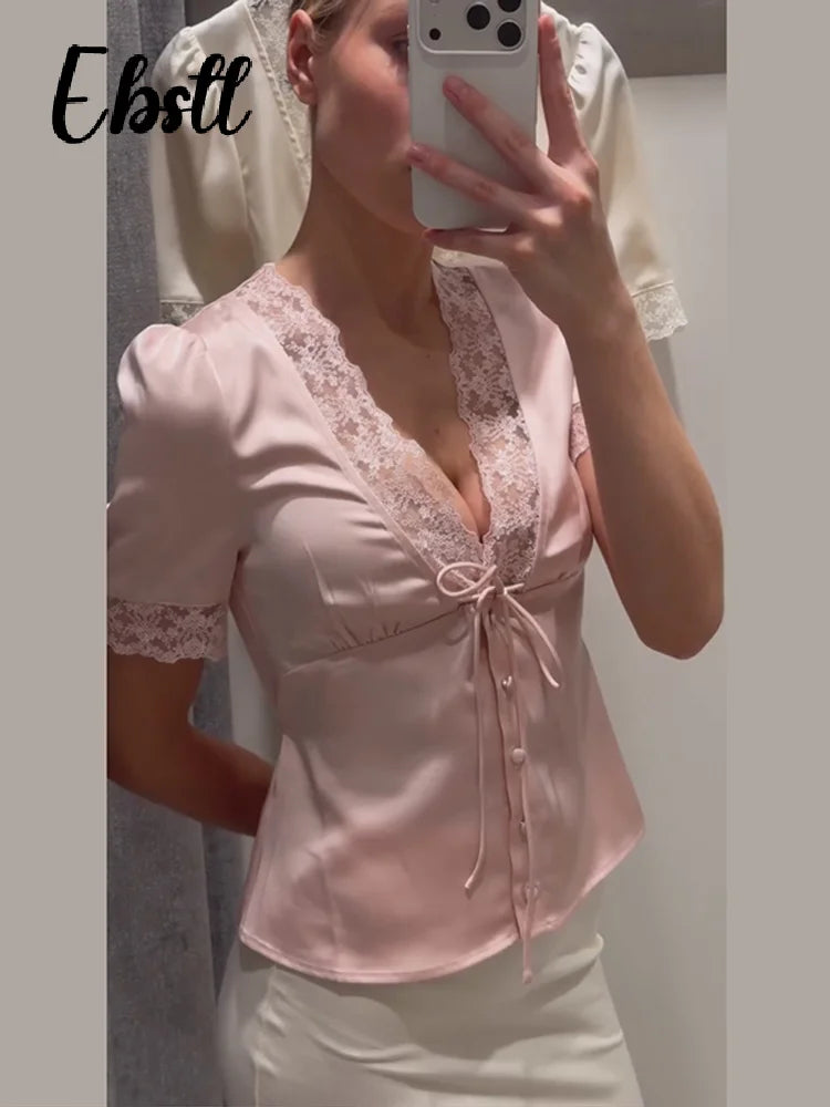 Lace Splicing Female Chic Bow Lace-up V Neck Short Sleeve Shirt