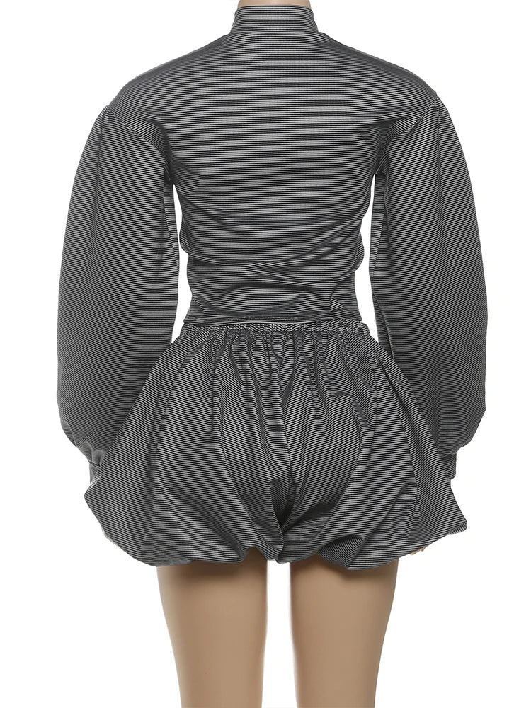 Stripe Zipper Cardigan And Ruched Mini Skirt Set
