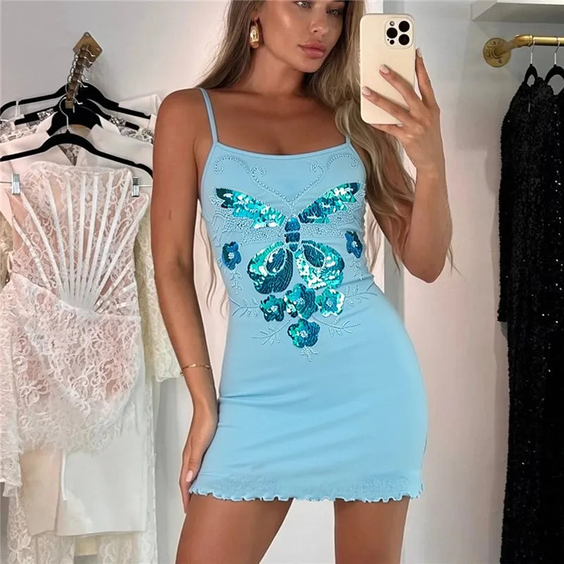 Sequin Floral Bodycon Mini Dress With Spaghetti Straps Patchwork Lace And Ruffled Hem