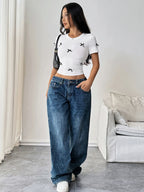 White Bow Heart Crop Tee O Neck Short Sleeve