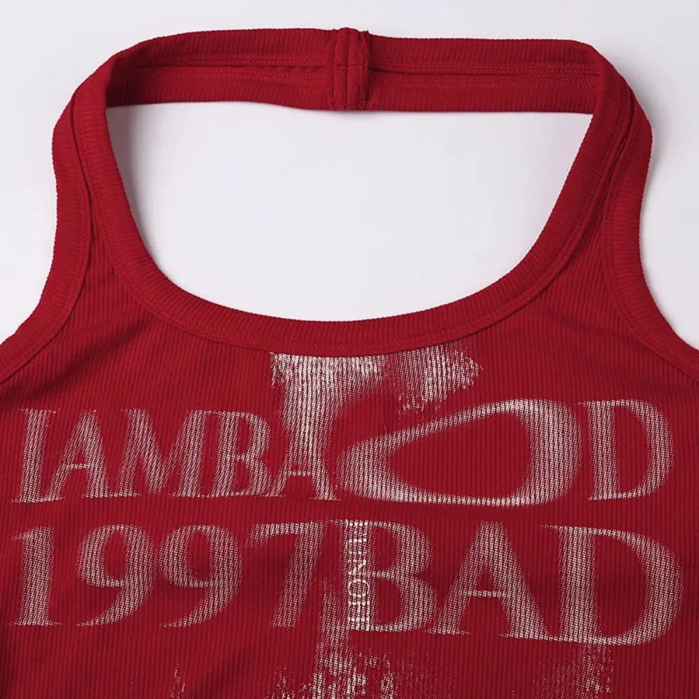 Retro Choker Vest Crop Top In Red With Open Back Knit Tank Style