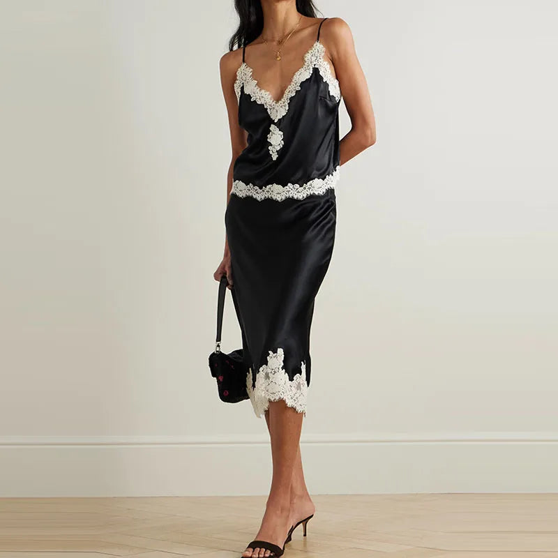 Lace Patchwork Two-piece Set With V-Neck Sling Top And Long Skirt