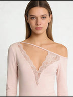 Soft Cotton Long Sleeve Lace Trim V Neck Top Feminine Style