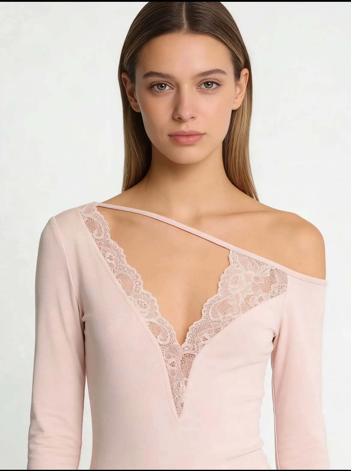 Soft Cotton Long Sleeve Lace Trim V Neck Top Feminine Style