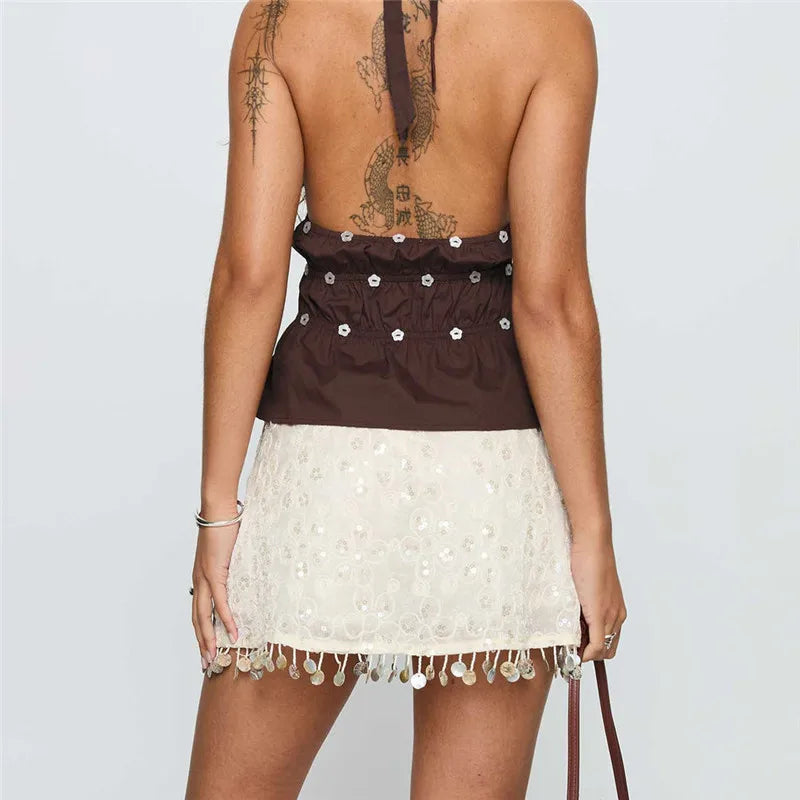 Shimmer Sequin Mini Skirt With Floral Embroidery A Line Silhouette Set