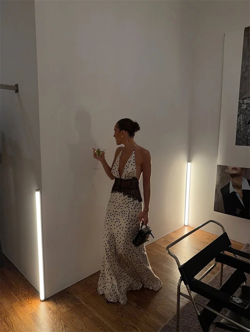 Polka Dot Backless Maxi Dress With Lace Patchwork Halter Neck Deep V Bodycon Evening Gown