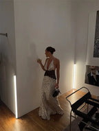 Polka Dot Backless Maxi Dress With Lace Patchwork Halter Neck Deep V Bodycon Evening Gown