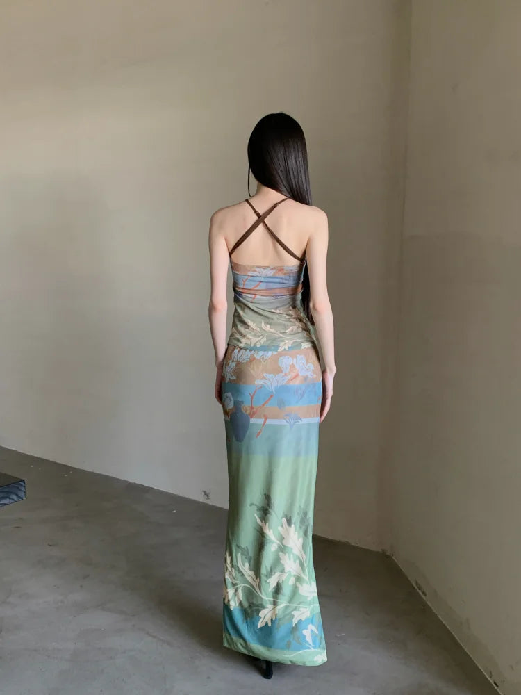 Vintage Reversible Two Piece Halter Neck Top And Long Skirt Set