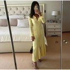 Knit Ribbed Long Dress For Women Slim Fit Flare Sleeves With Pockets