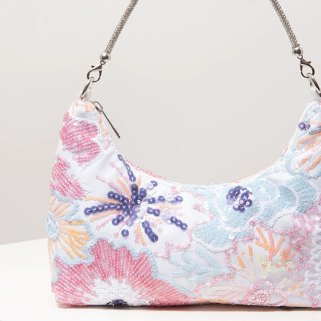 Floral Embroidered Sequin Shoulder Bag For Women Crescent Shape Evening Purse