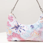 Floral Embroidered Sequin Shoulder Bag For Women Crescent Shape Evening Purse