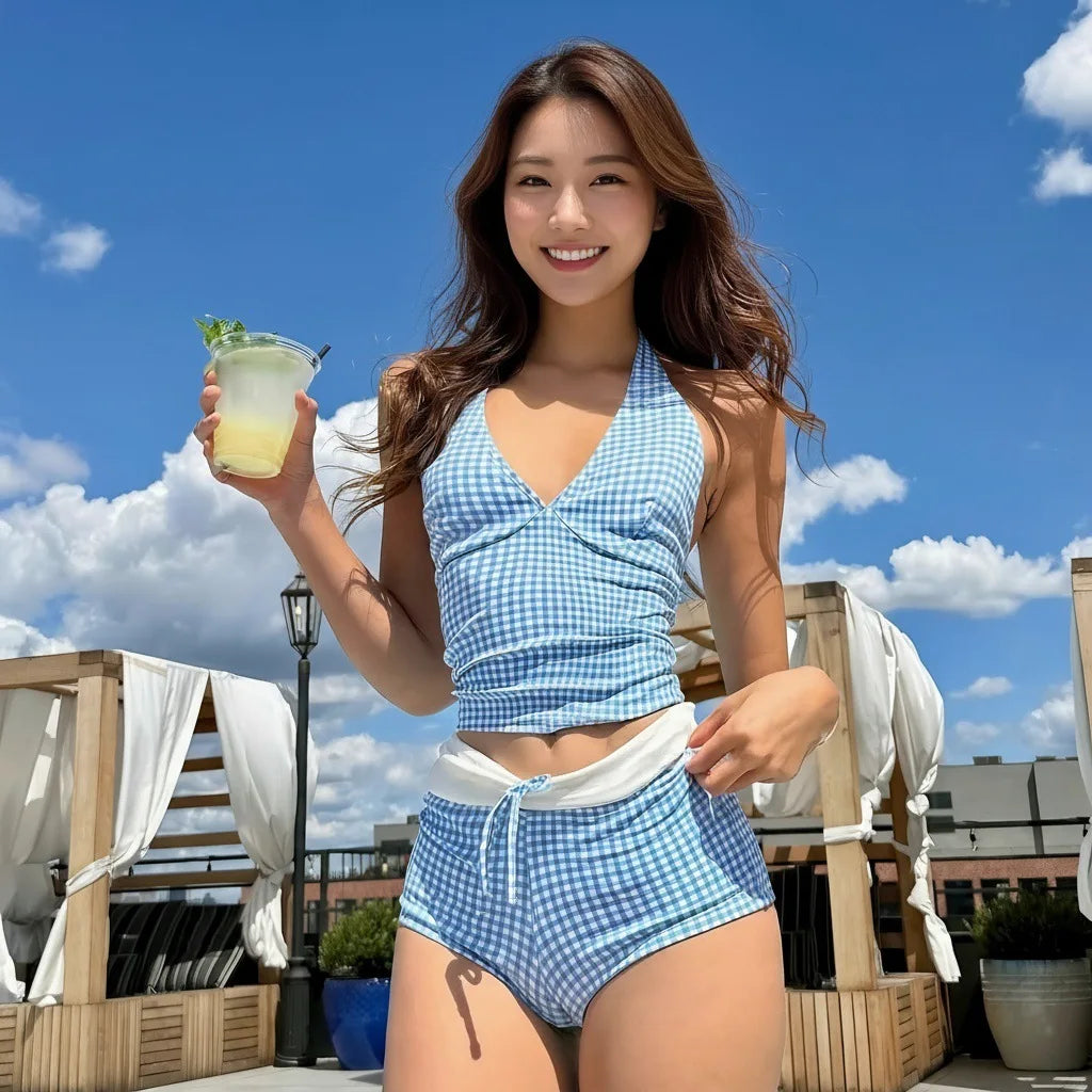 Retro Two Piece Swimsuit Set With Grid Strap For Flattering Beach Vibes