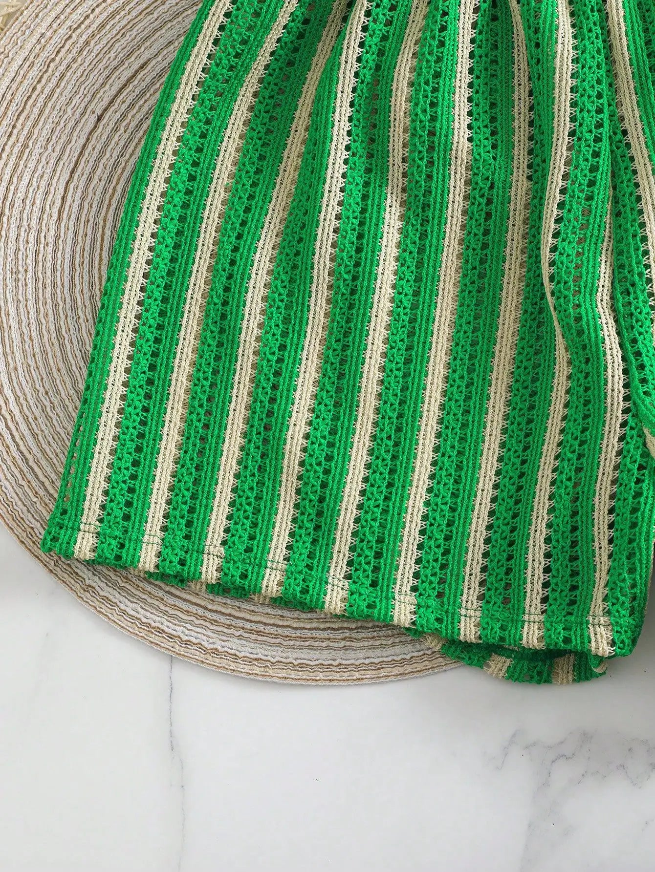 Retro Striped 3 Pieces Knitted Mesh String Bikini Set Swimsuit