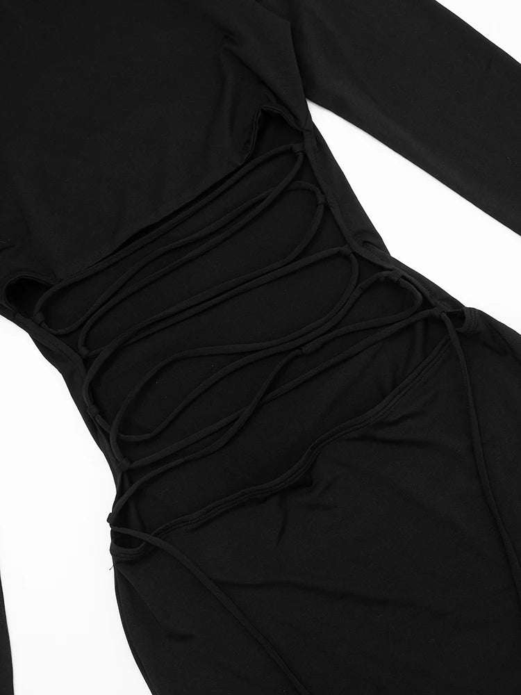 Hollow Out Bandage Mini Dress With High Collar And Long Sleeves
