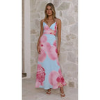Sunlit Breeze Printed Strap Maxi Dress With V Neck Backless