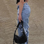 High Waist Denim Pants With Tassel Details And Spliced Panels Straight Leg Jeans