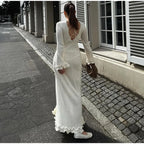 White Knitted Ruffle Maxi Dress With O-Neck And Flare Sleeves