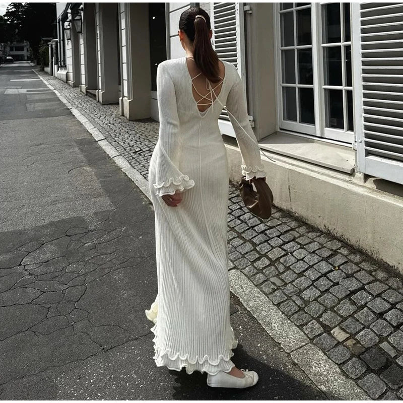 White Knitted Ruffle Maxi Dress With O-Neck And Flare Sleeves