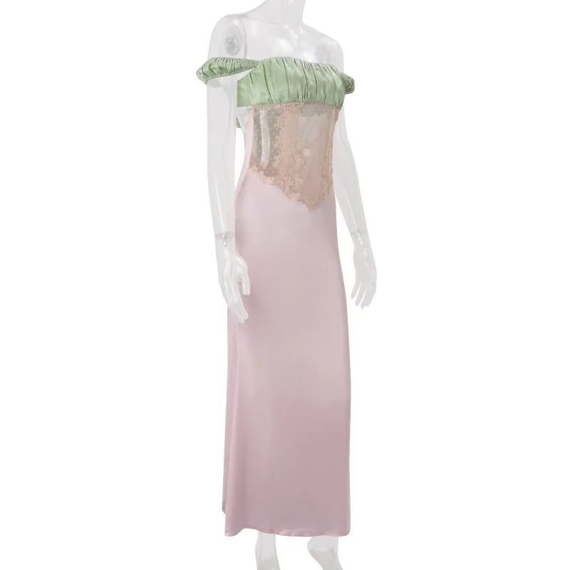 Color Block Off Shoulder Satin Maxi Dress With Lace Mesh Corset Bodice Elegant Evening Gown