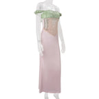 Color Block Off Shoulder Satin Maxi Dress With Lace Mesh Corset Bodice Elegant Evening Gown