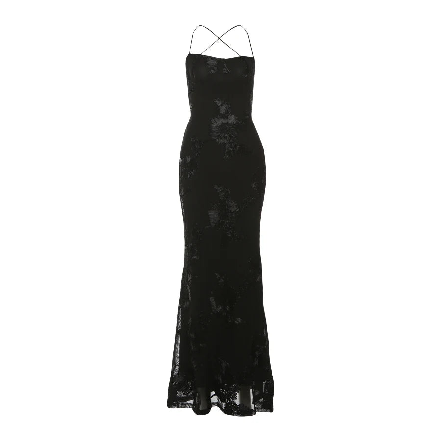 Chic Floral Embroidered Backless Maxi Dress With Low Neck And Crossback