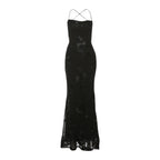 Chic Floral Embroidered Backless Maxi Dress With Low Neck And Crossback