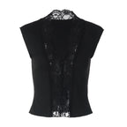 Flirty Lace Sheer V Neck Sleeveless Crop Top With Button Front Slim Fit