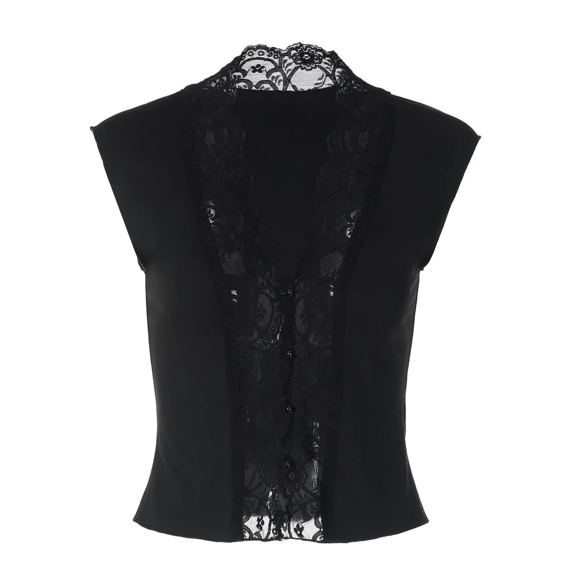 Flirty Lace Sheer V Neck Sleeveless Crop Top With Button Front Slim Fit