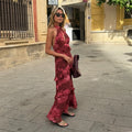 Boho Floral Halter Maxi Dress With Cutout And Tiered Ruffles Sleeveless