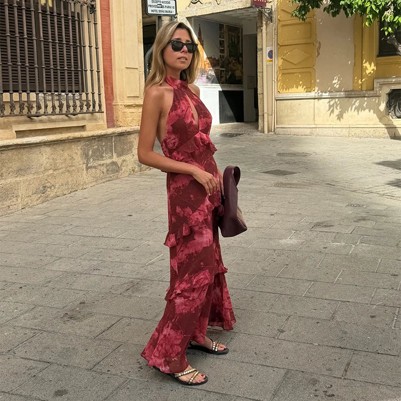 Boho Floral Halter Maxi Dress With Cutout And Tiered Ruffles Sleeveless