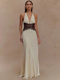 Backless Maxi Gown With Patchwork Lace Halter Neck Deep V And High Waist Elegance