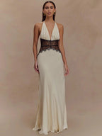 Backless Maxi Gown With Patchwork Lace Halter Neck Deep V And High Waist Elegance