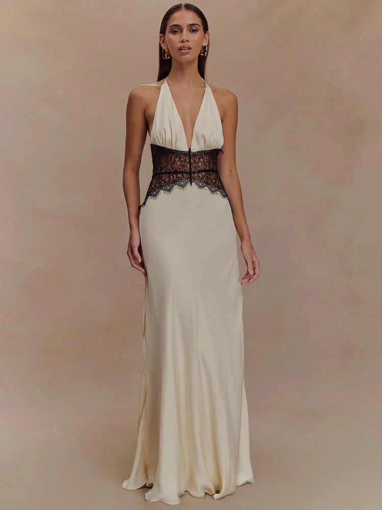 Backless Maxi Gown With Patchwork Lace Halter Neck Deep V And High Waist Elegance